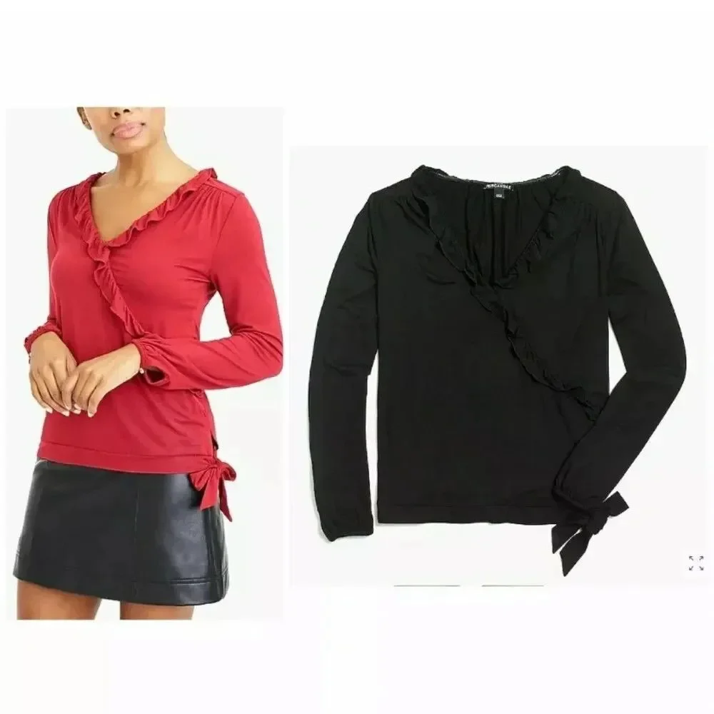 J Crew Mercantile women Black Ruffle Neck Side Tie Long Sleeve Knit Top size XXS